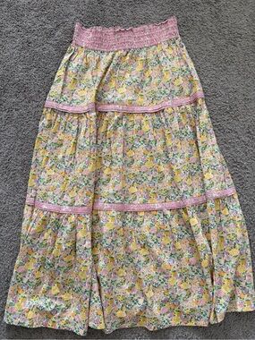 LoveShackFancy Pink and Yellow Floral Tiered Maxi Skirt